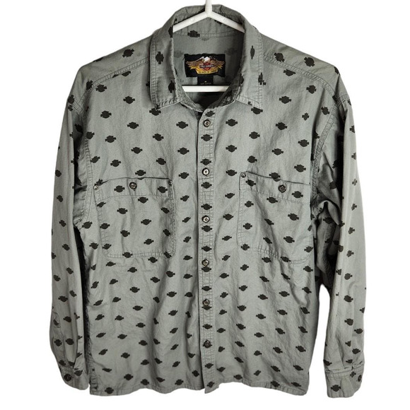 Harley Davidson All Over Logo‎ Print Button Up Shirt Men's Medium Gray Black - Picture 1 of 6